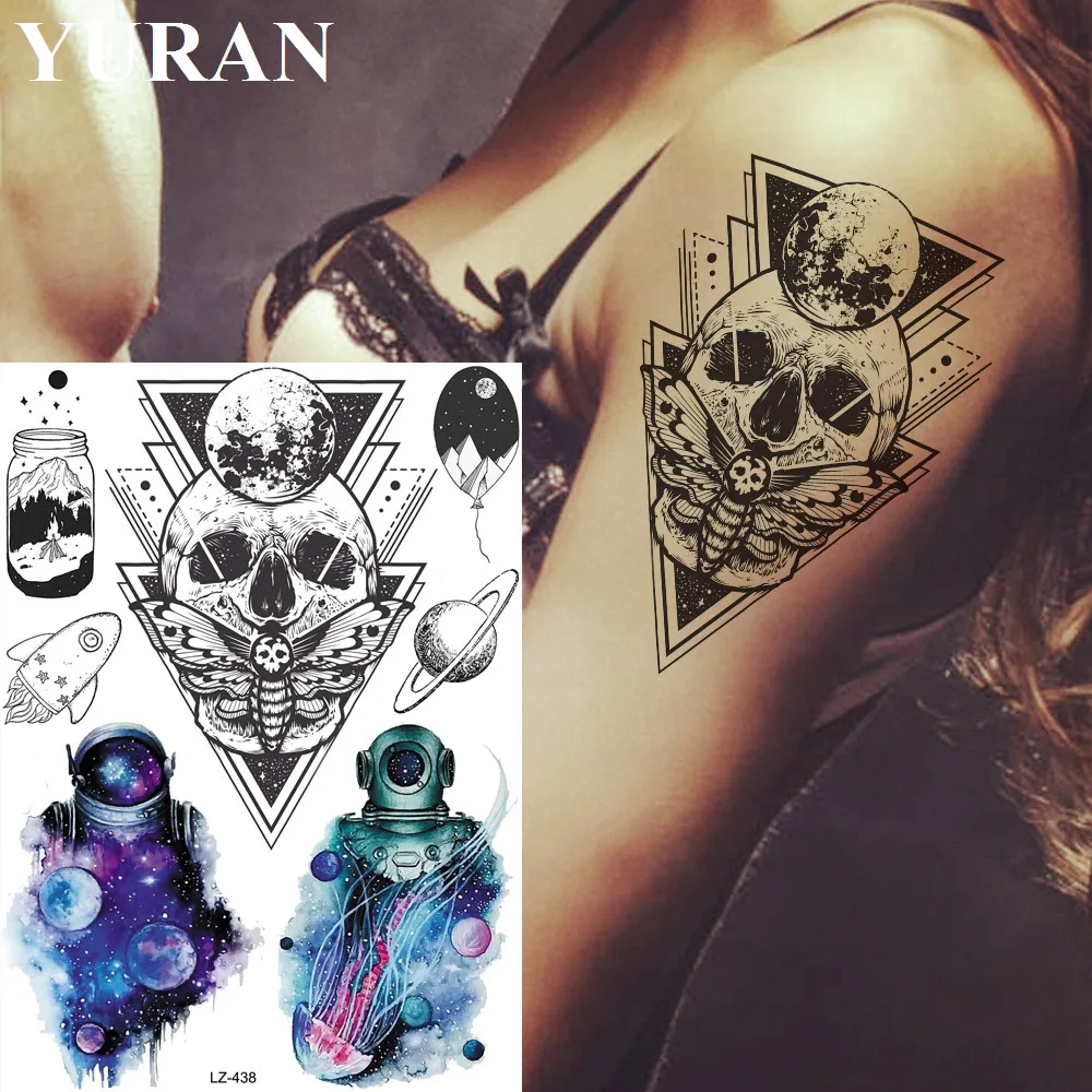 

YURAN Triangle Skull Ghost Moth Temporary Tattoos Stickers Women Sexy Body Arm Tattoo Waterproof Planet Custom Fake Tatoos Paste