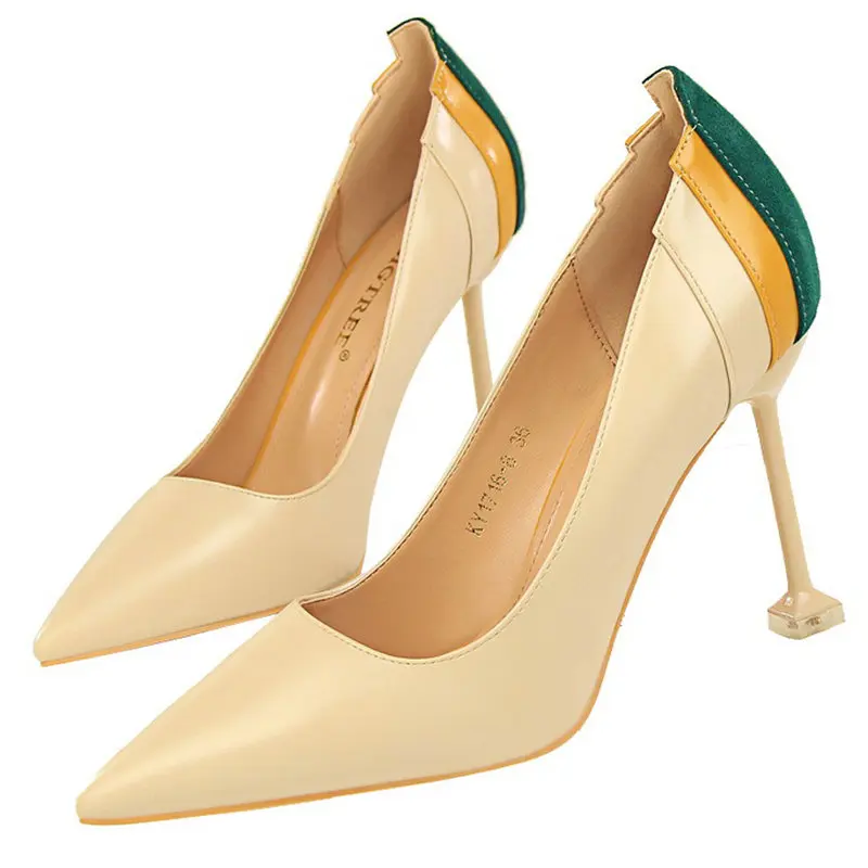 Size34-39 Woman High Quality Patchwork Pumps Pointed Toes 9.5CM Heels Shoes Female Slip-on Career Parties Dress | Обувь