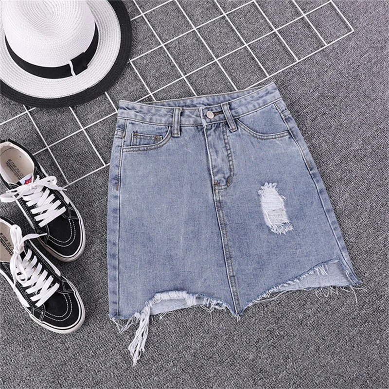 Summer Women Pencil Skirt Blue Sexy Casual Mini Denim Skirts 2018 Fashion New Ripped Pockets Bodycon Hole Jeans |