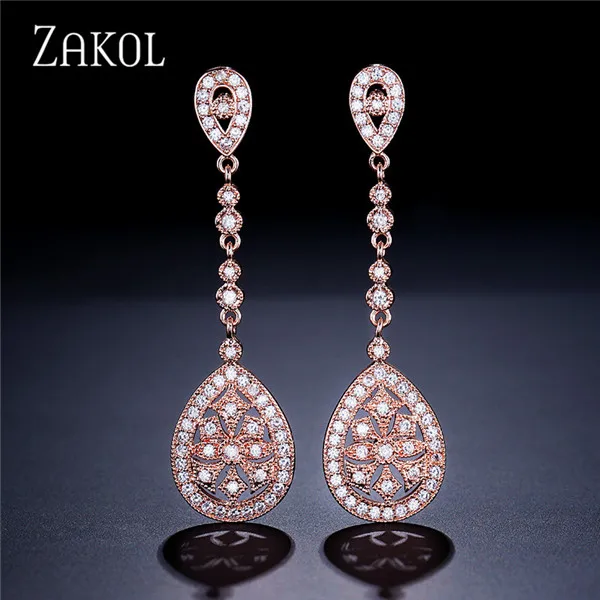 Rose Gold Color ZAKOL Винтаж розовое золото цвет висячие серьги кубический циркон для женщин Свадебные украшения для невесты FSEP607 - Окраска металла: Rose Gold Color
