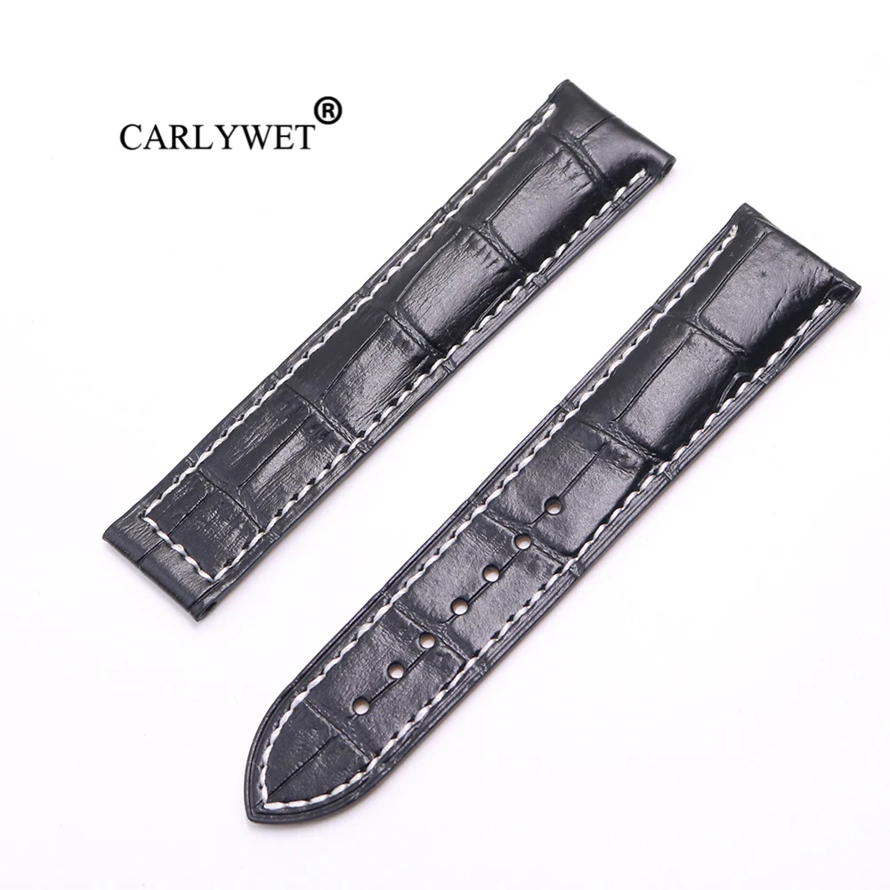 CARLYWET 20 22 мм Черный с белыми стежками Высокое качество пояса из натуральной кожи замена часы ремешок ремень для Omega