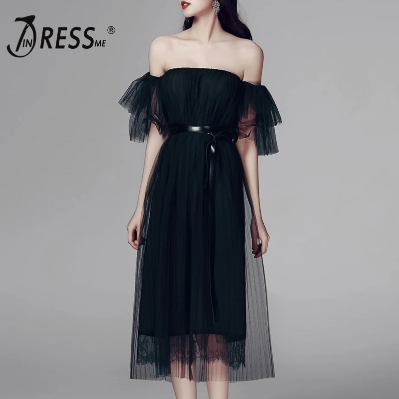 Женское вечернее платье INDRESSME однотонное Сетчатое до колена с пышными рукавами