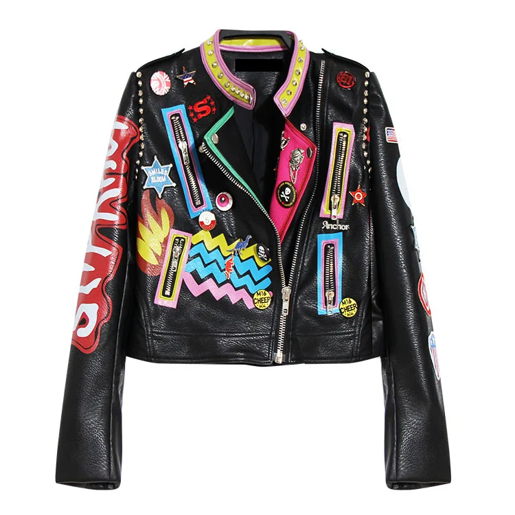 Классические женские Байкерские Куртки из искусственной кожи с принтом | Женская