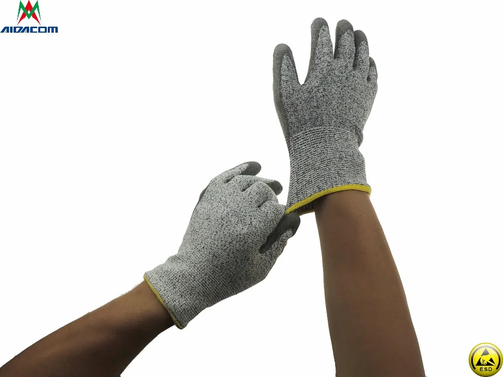 

AIDACOM ESD Antistatic Cut Resistant Gloves PU Palm Coated Anti-cut Level 5 Anti-Cut Work Gloves Safety Gloves