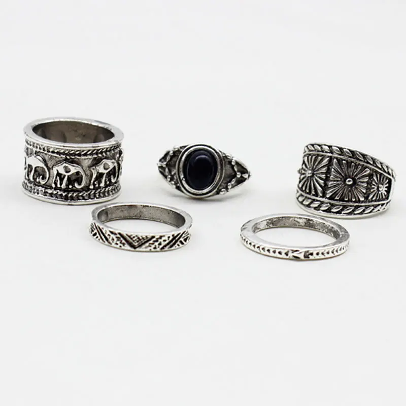 Retro Punk Leaf Bohemian Individuality Carving Pattern Ring Set Midi Rings for Women 6PCS/Set Black Stone Gift Jewelry | Украшения и