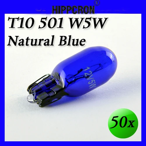Hippcron 50 шт./лот W5W T10 натуральный синий 501 12V 5W ксеноновая супер белая стеклянная