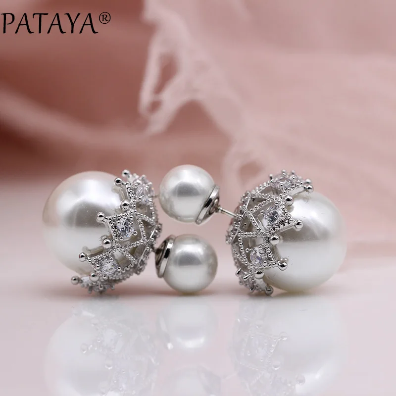 PATAYA, новинка 925, серебро, игла, белое золото, природный Цирконий, раковина, жемчуг, шарики, серьги-гвоздики, женские свадебные, Роскошные, снежинки, ювелирные изделия
