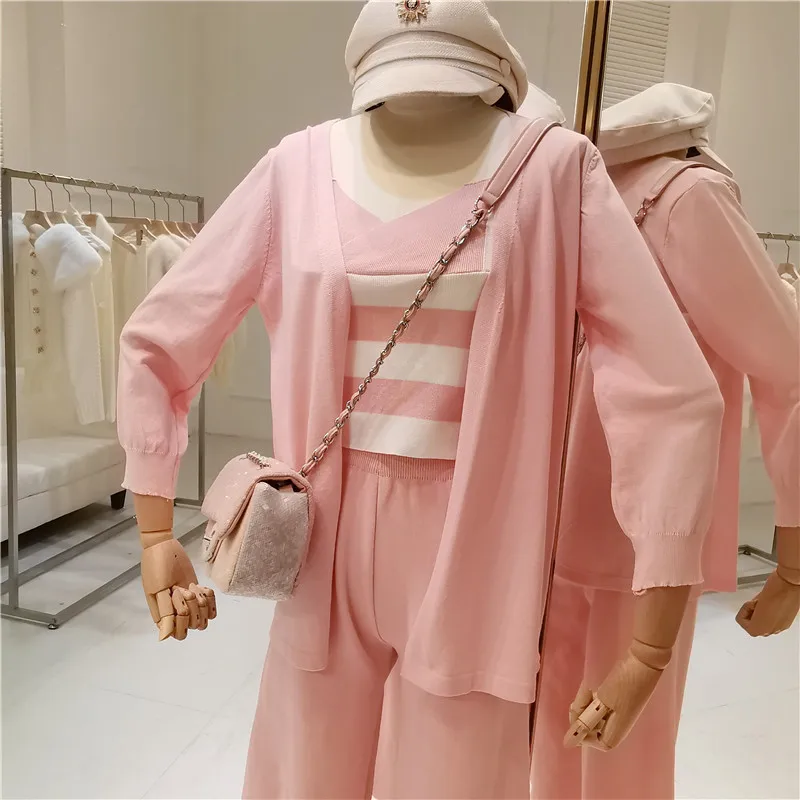 ALPHALMODA женские весенние комплекты полосатый жилет на подтяжках+ тонкий кардиган с длинными рукавами+ широкие брюки 3 предмета вязаный костюм