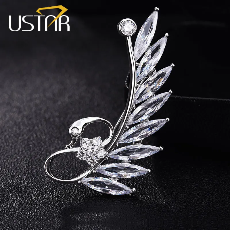 USTAR AAA фианиты Броши с лебедями для женщин Свадебные украшения животное брошь женские булавки Брош Броши ткань аксессуары