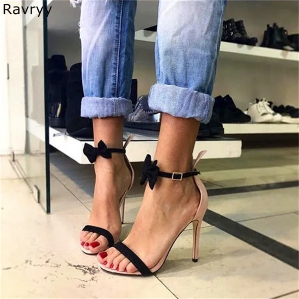 

Summer fashion suede leather Woman sandals black butterfly-knot decor cover heel Sexy Pumps thin heel female party dress shoes
