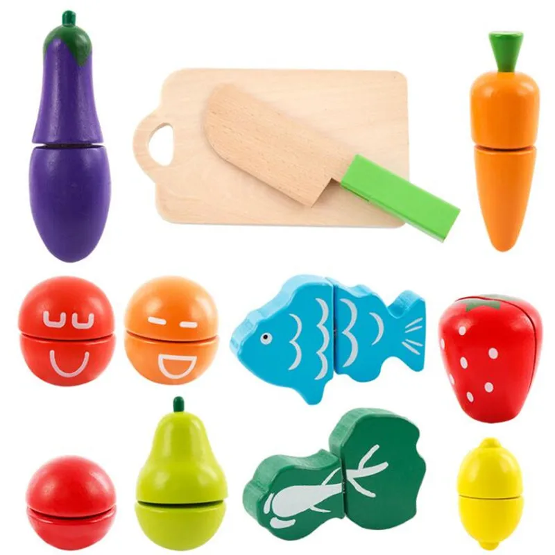 

WYNLZQ Wooden Cutting Cooking Food Sets Children Wood Vegetables Fruits Pretend Play Kitchen Kits Toy for 2 Years Up Gifts Baby