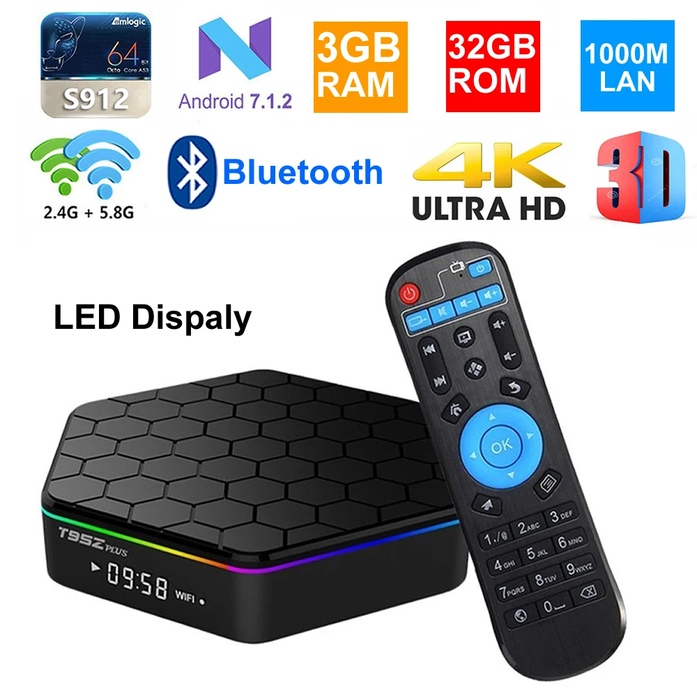 ТВ приставка T95Z Plus с Android 7 1 Восьмиядерный Amlogic S912 3 ГБ 32 светодиодный дисплей BT4.0 1000