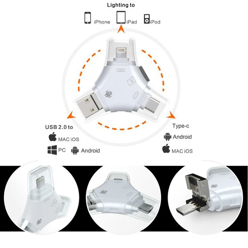 Кардридер Deepfox 4 в 1 Type c/Lightning/Micro USB/USB 2 0 устройство для чтения карт Micro SD OTG Android