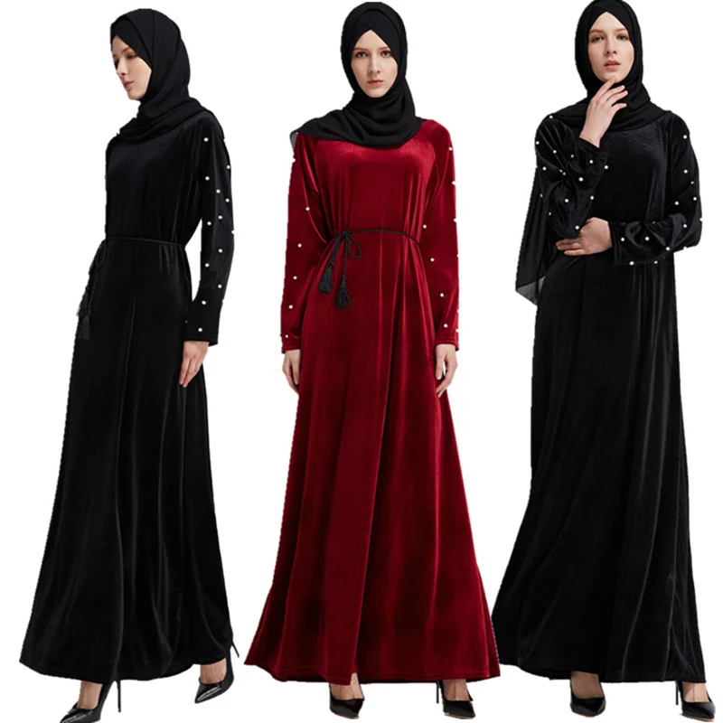 

Элегантное мусульманское бархатное Макси-платье Abaya, туника с бисером, длинное кимоно, Jubah Ramadan, арабский Дубайский кафтан, мусульманская мол...