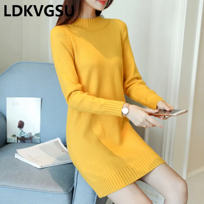 2018 Autumn Winter New Women's Long Sweater Loose Large Size Thick Round Neck Solid Color Korean Female Knit Is1477 | Женская одежда