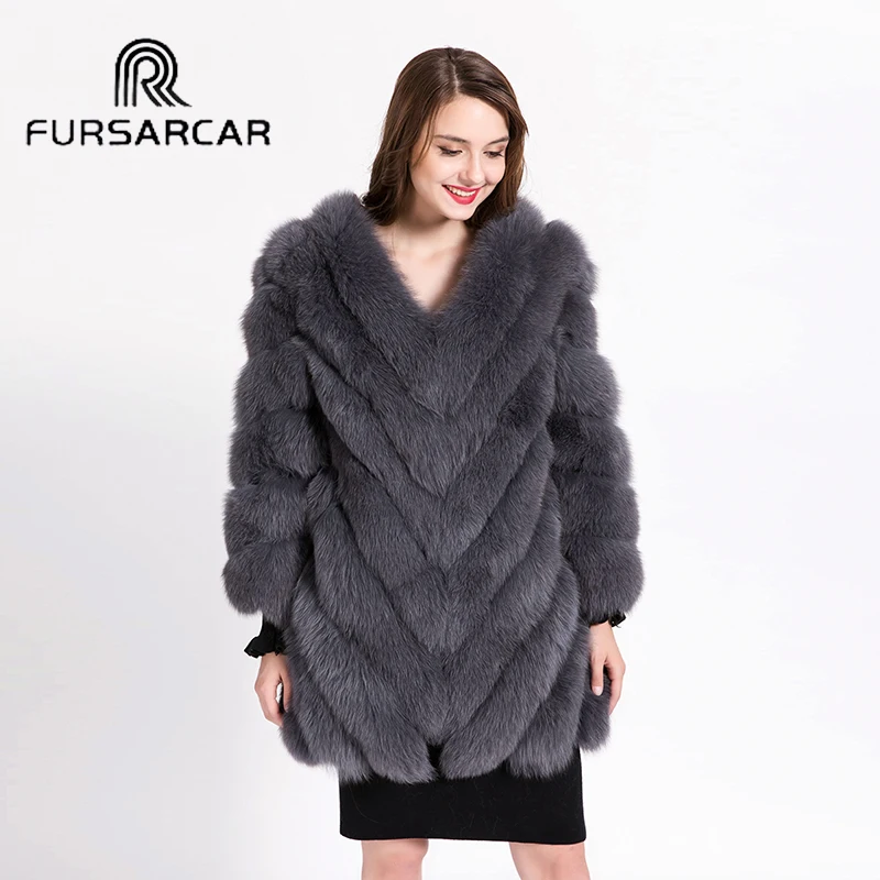 FURSARCAR Роскошные зимние Для женщин натуральный мех Натуральная длинный рукав женские комплекты с курткой для детей 80 см длинная полосатая ночная рубашка из натурального меха лисы пальто с лисьим мехом
