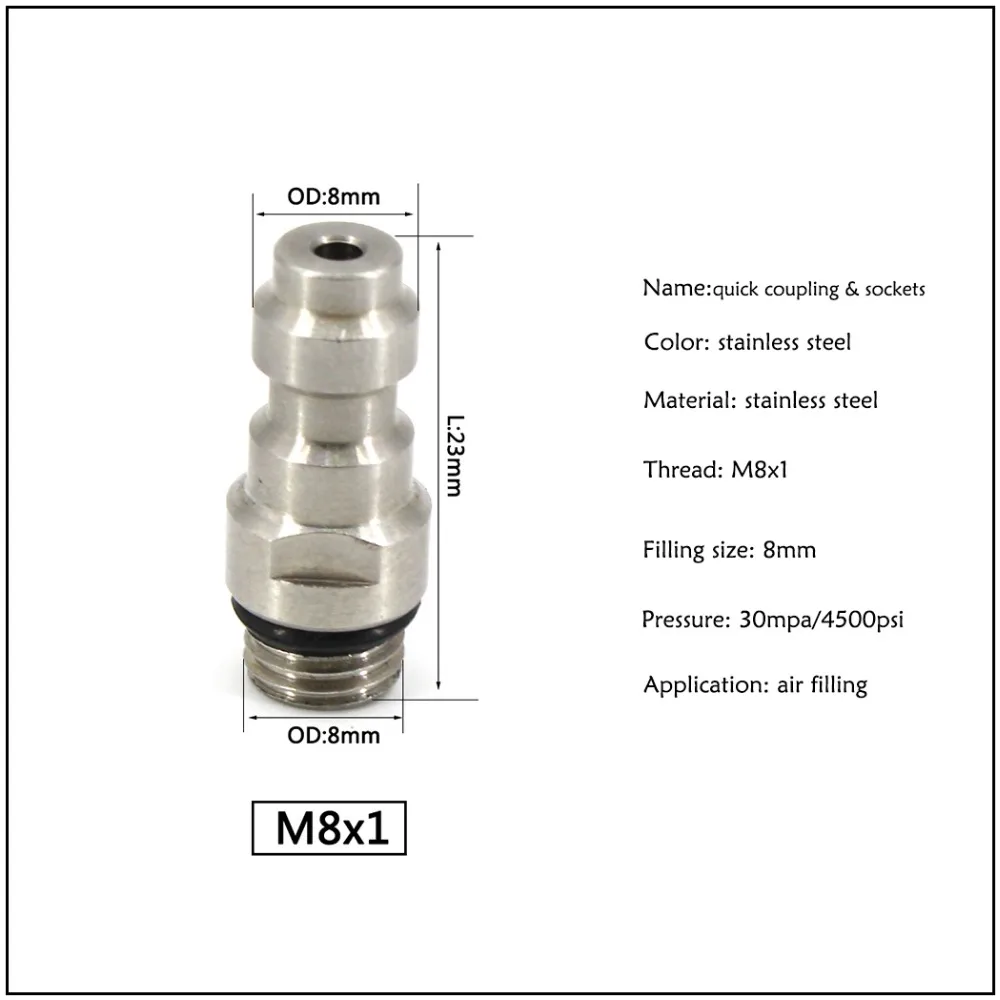PCP Airforce Paintball M8x1 Thread High Pressure Stainless Steel Quick Coupler 8MM Male Plug For Air Socket Connection 3pcs/lot | Спорт и