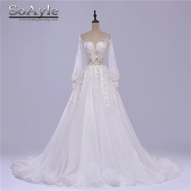 

SoAyle Ball Gown Long Wedding Dresses Elegant vestido de noiva Scoop See Though Full Sleeve Sequined Applique robe de mariage