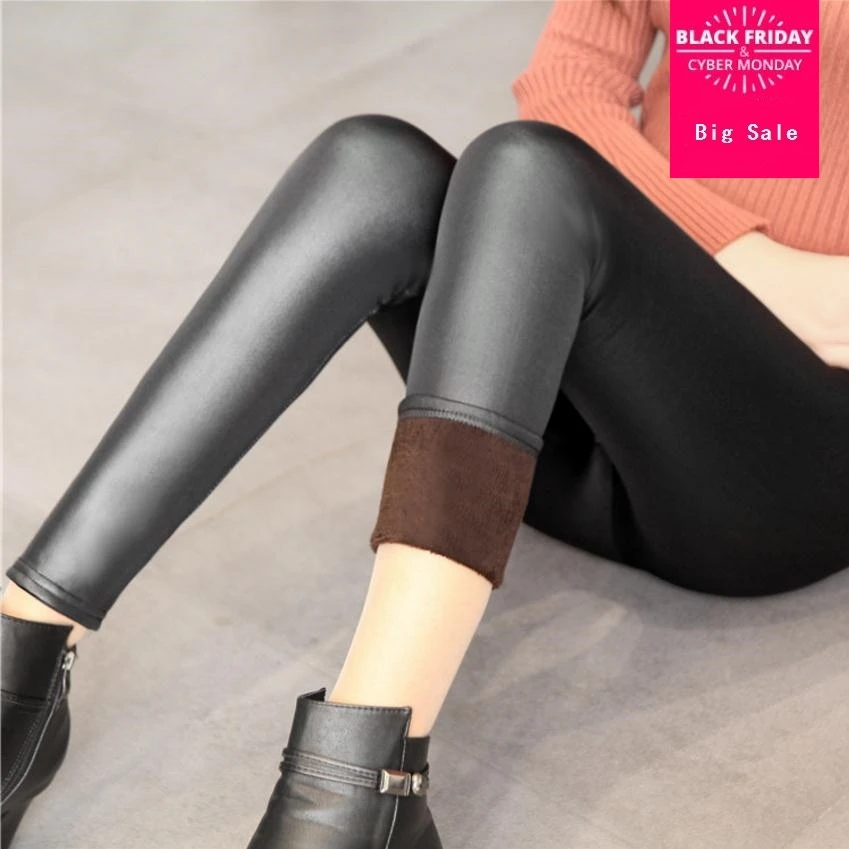 Женские брюки из ПУ кожи с бархатной подкладкой и завышенной талией|waist high pants|high