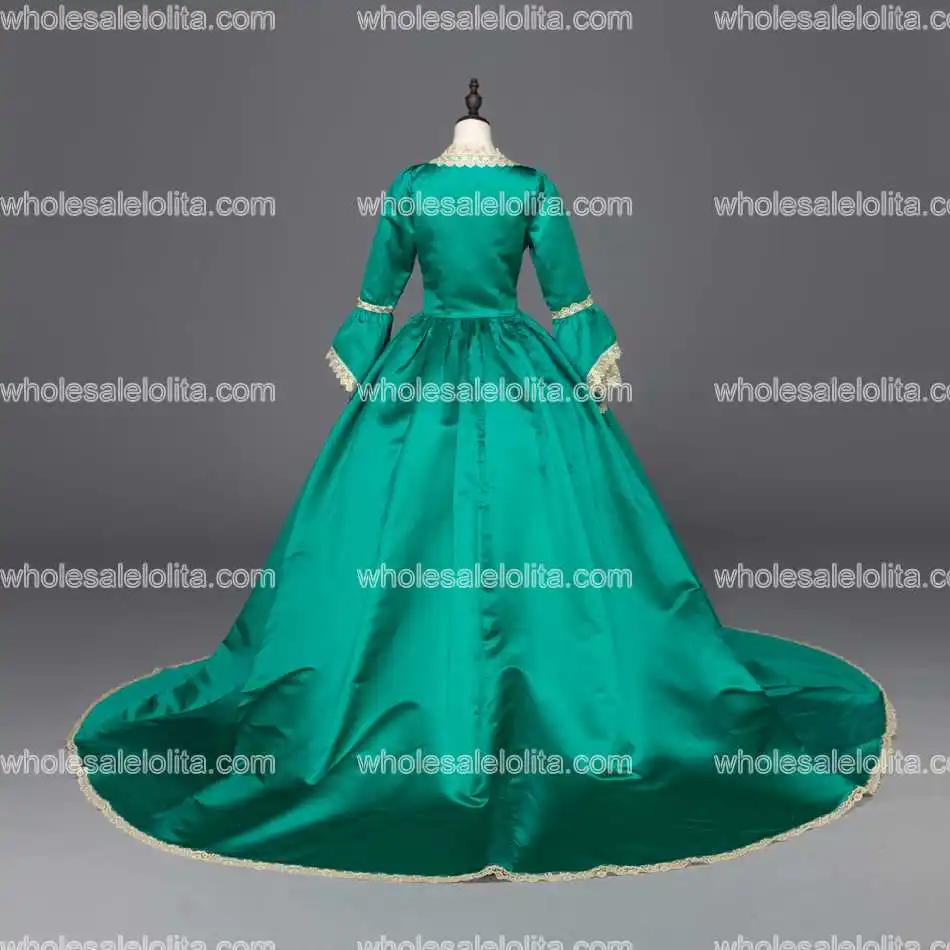 Зеленое платье Марии Антуанетты бальное эпохи Возрождения со шлейфом