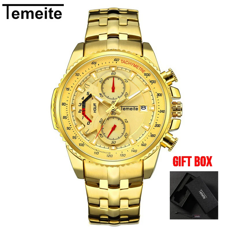 Temeite 1 with box Temeite полностью функциональные мужские часы лучший бренд класса люкс золотые кварцевые часы водонепроницаемые мужские наручные часы Relogio Dourado Masculino - Цвет: Temeite 1 with box