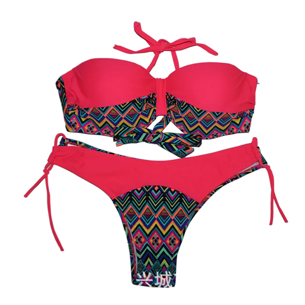 2018 with pad Terylene swimwear bikini set sexy high quality halter print swimsuit |