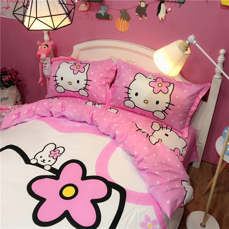 100% хлопок сладкий и прекрасный hello kitty постельного белья Твин Полный Королева