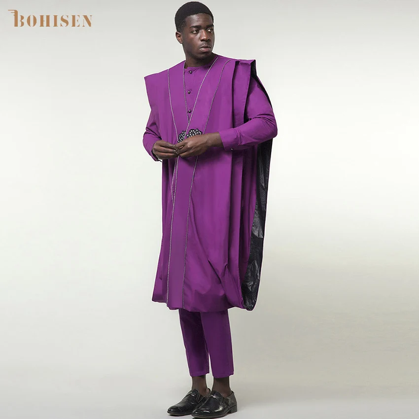 Мужская африканская одежда BOHISEN из 3 частей Bazin Agbada с длинным рукавом вечернее