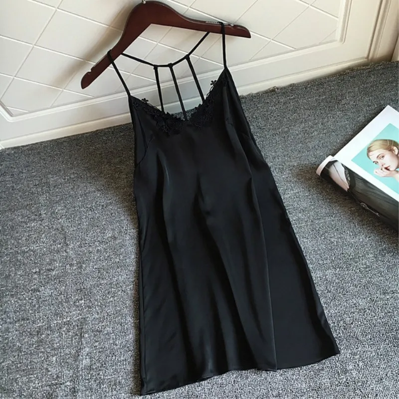 

Women Sexy Nightwear Summer Satin Night Dress Ladies Plus Size Nightgown Female Soft Silk Sleepwear Lace Applique 49