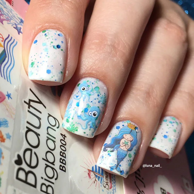 BeautyBigBang 1 лист лето Океан Дельфин Русалка растение дизайн ногтей переводные наклейки воды кончик ногтей Наклейка Маникюр Декор