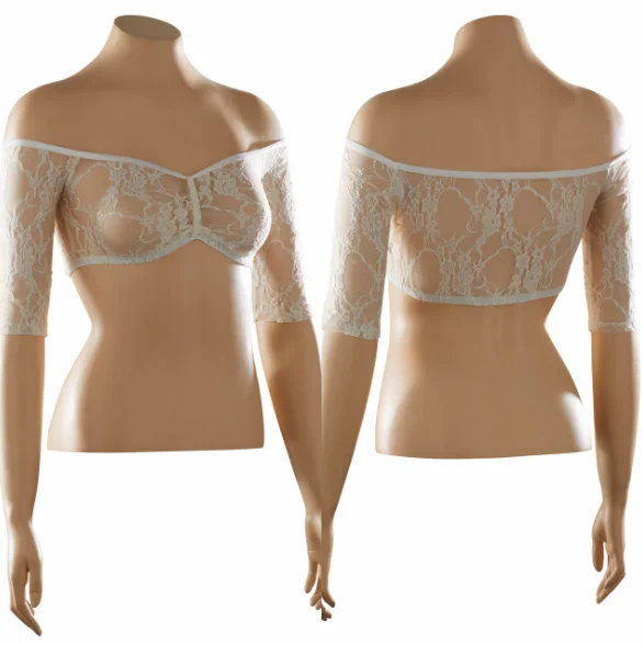 Womens Plus Size Strapless Off Shoulder Crop Top Seamless Arm Shaper Short Sleeve Cropped Navel Lace Top Perspective Underwear