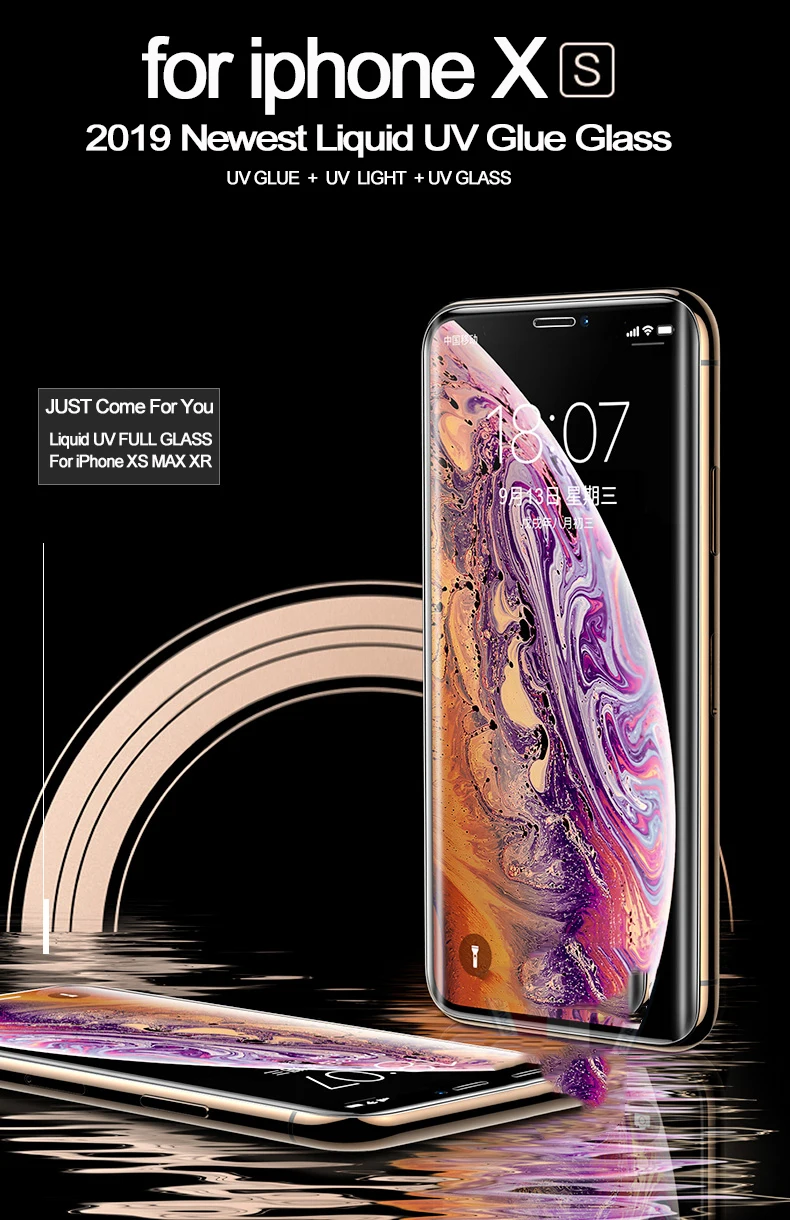 Ультрафиолетовый светильник, закаленное стекло с полным клеем для iPhone X, XR, XS, MAX Sceen, защита для iPhone 6S, 7, 8 plus, 11 pro, нано жидкая стеклянная пленка