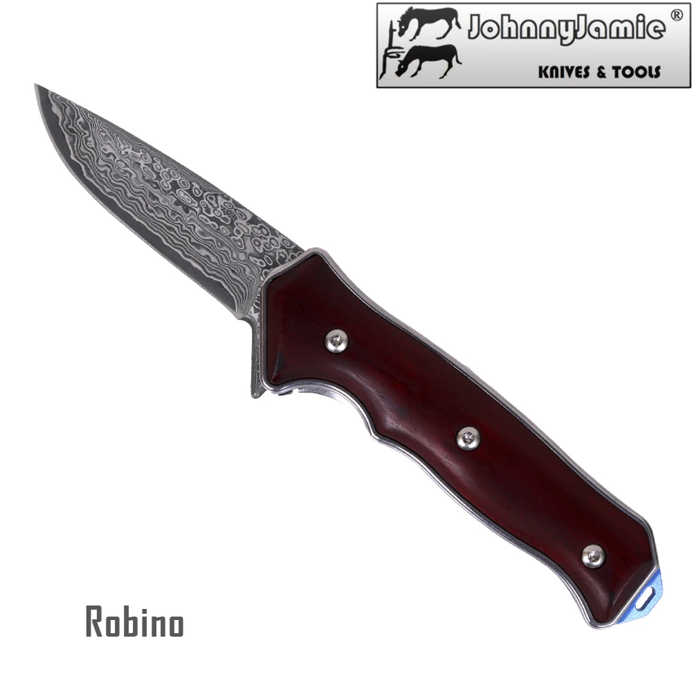 

JohnnyJamie Brand New Damascus Survival Folding Knife Wood Handle Damascus Steel Blade Plain Edge Tactical Outdoor Hand Knifes