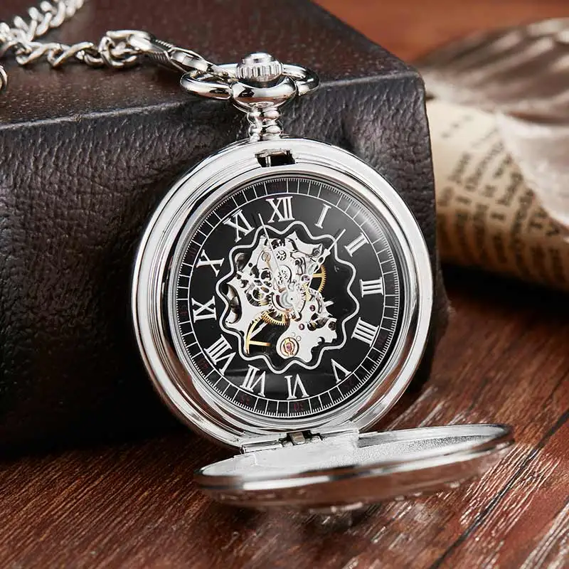 Vintage Silver Hollow Hunger Game Steampunk Mechanical Pocket Watch & FOB Chain Antique Watches Clock Hand Wind relogio de bolso
