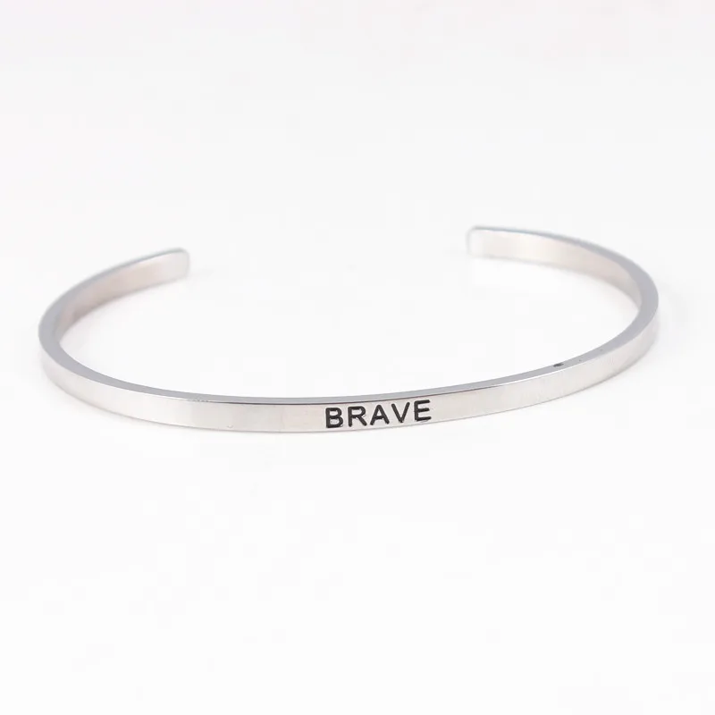 BRAVE Новейшая нержавеющая сталь Выгравированная позитивная вдохновляющая Цитата ручной отпечаток манжета браслет с мантрой браслеты для мужчин и женщин лучшие подарки - Окраска металла: BRAVE