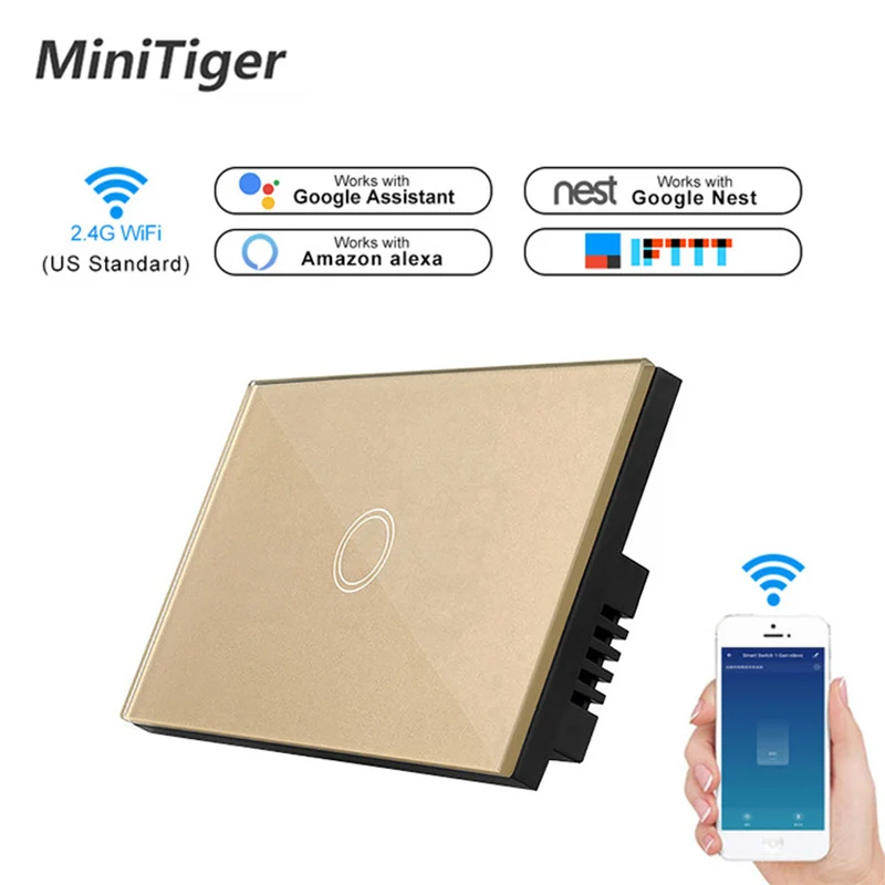 WiFi Gold 1gang Minitiger стандарт США wifi умный сенсорный выключатель приложение беспроводной дистанционный светильник настенный выключатель Хрустальная стеклянная панель работа с Alexa/Google - Цвет: WiFi Gold 1gang