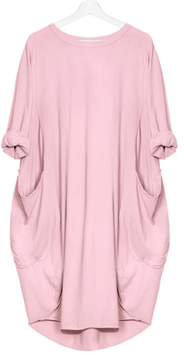pink dress Летучая Мышь Рукав Длинный Плюс Сайз XL 5XL Одноцветный Платья Миди Элегантный Вечеринка Карман Платья Женщина Лето Осень Свободный Простой Большой Размер Модное Платья Оливковый Зеленый Оверсайз Милый - Цвет: pink dress