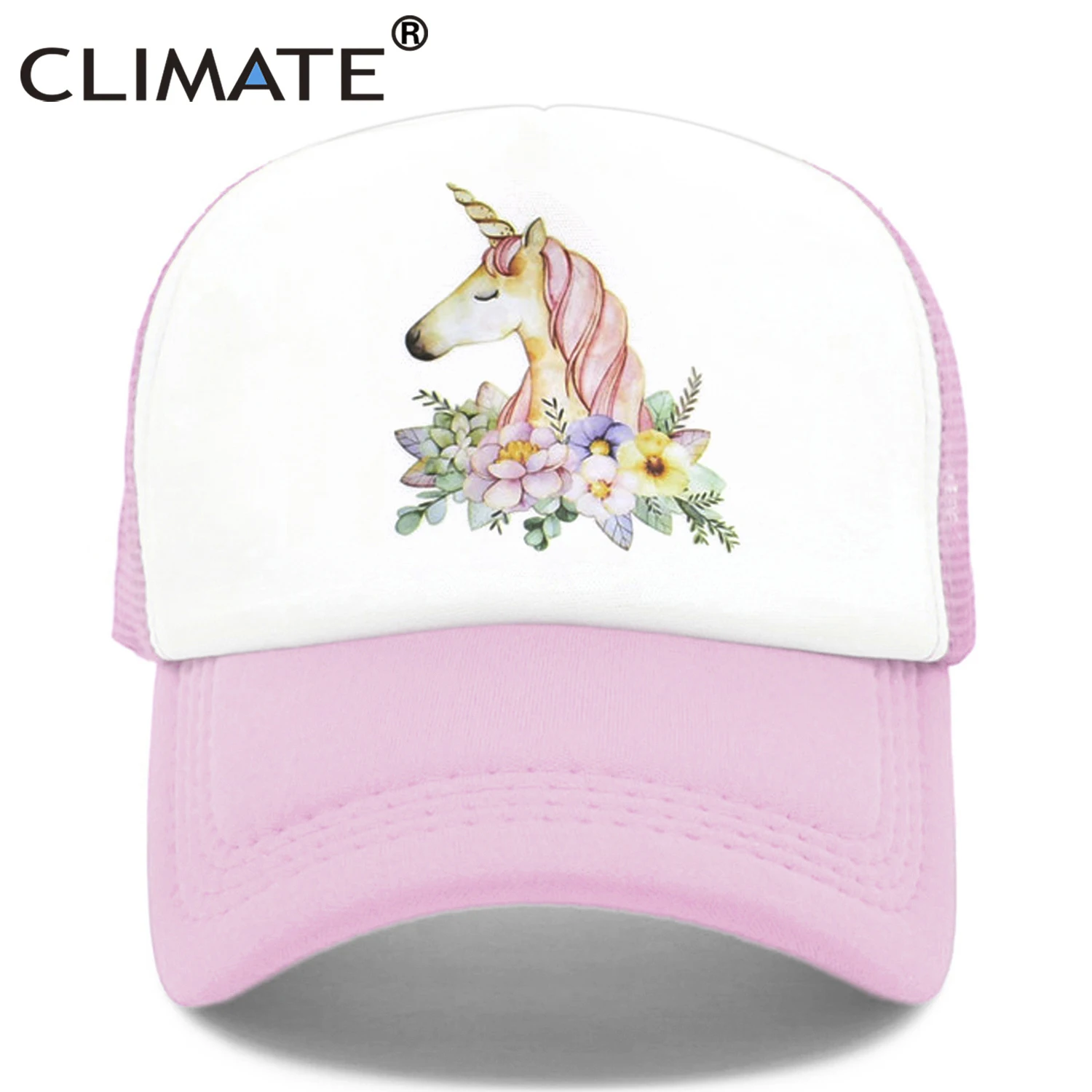 Pink Климат шапка единорога для девочек Единорог Кепка Дальнобойщика шляпа хип-хоп розовая роза Кепка s Красочные сетки бейсболка шляпа для женщин девушек - Цвет: Pink