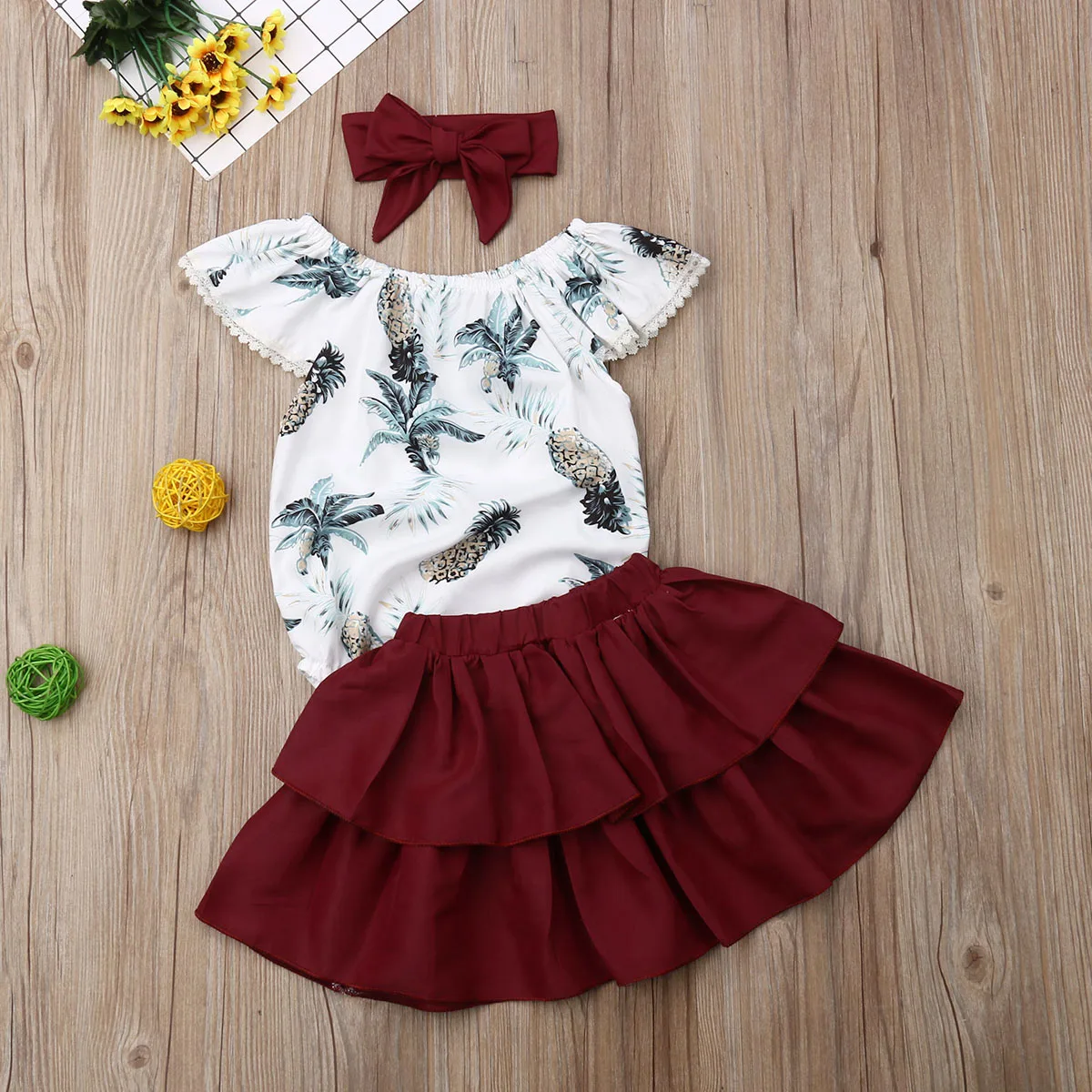 Lovely Infant Baby Girls Clothes Sets Ruffle Sleeves Floral Romper Tops+Solid Skirts+Headband Outfit | Детская одежда и обувь