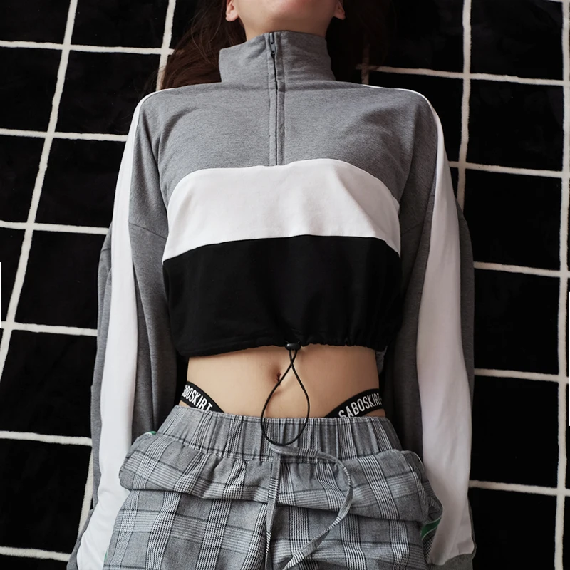 

Print Mosaic Hoodies Zipper Collar Shirts Women's Long Sleeve Sweatshirts Crop Tops Shirts Sexy Clothing Female Casual Pullover