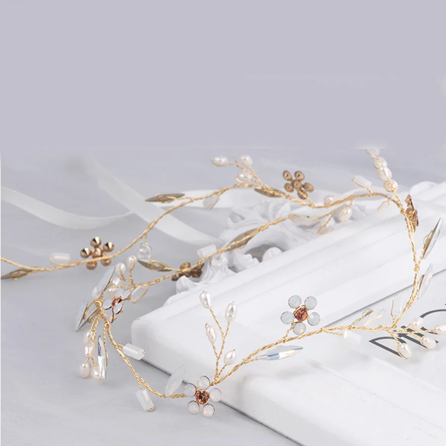 White Opal Vine Headband Crystals Bridal Wreath Hair Boho Head Piece Bohemian Gold Wedding Headpiece | Украшения и аксессуары
