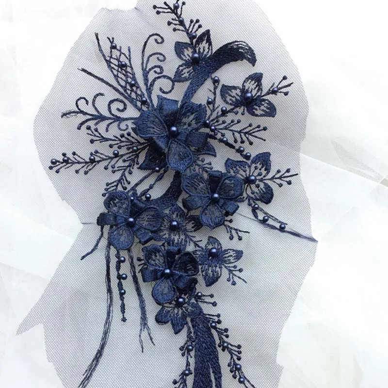 1 шт. 30*15 см Элегантные 3D цветы вышивка жемчугом кружево аппликация с кружевной