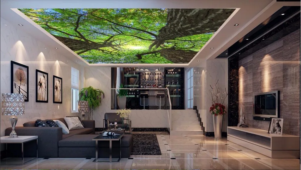 

Custom photo 3d ceiling murals wallpaper decor painting Green tree forest sky picture 3d wall murals wallpaper for living room