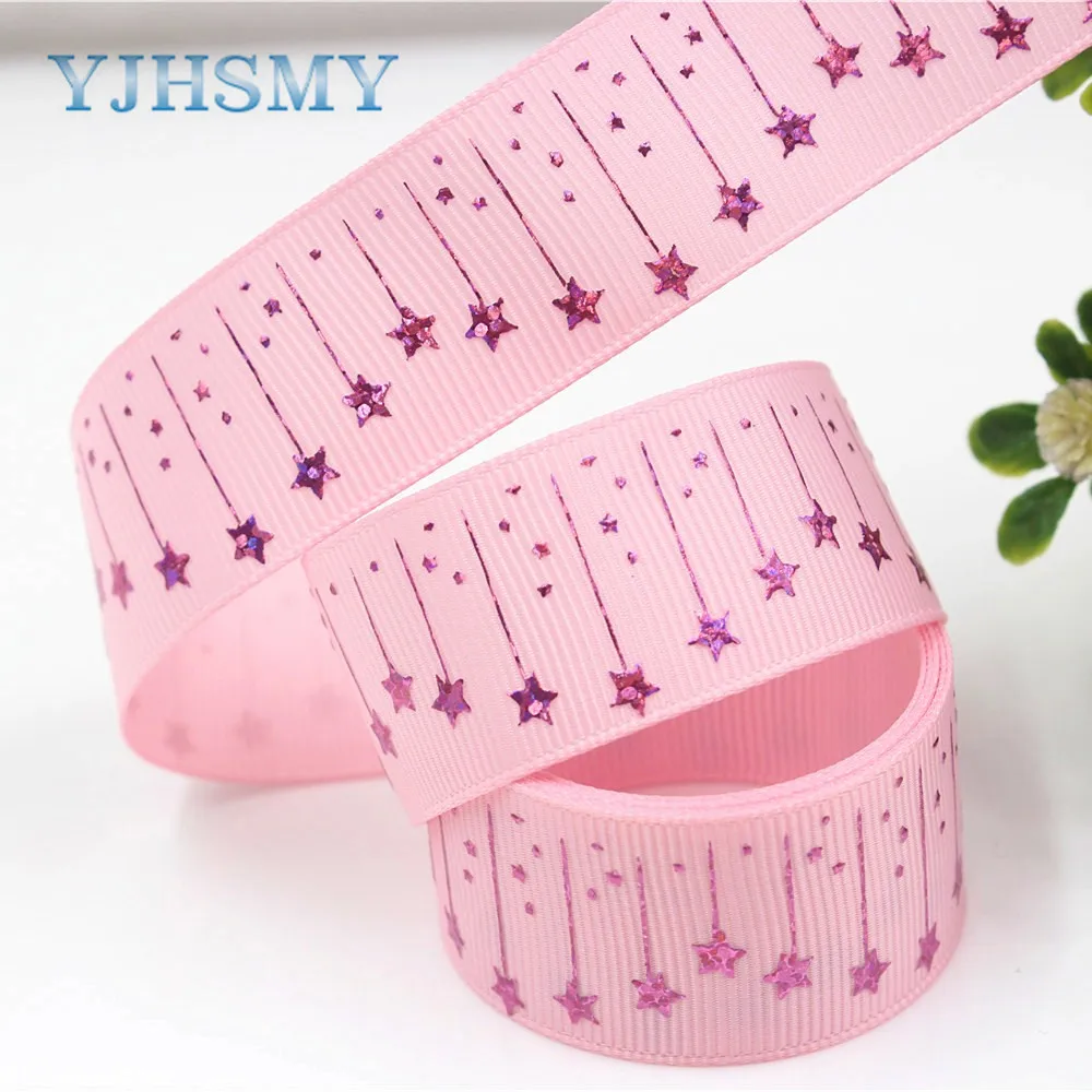 YJHSMY G-18609-399 25 мм 5 ярдов Лазерная Серебряная Звезда Любовь Печать grosgrain лента DIY
