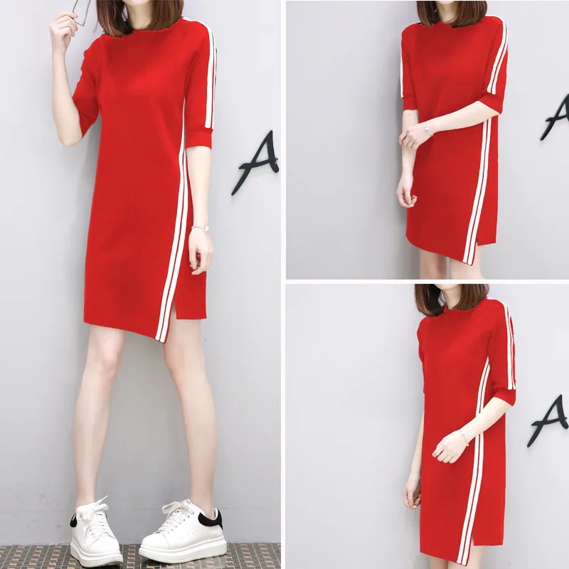 

Women's Summer Elegant Korean Style Office T-shirt Dress Ladies 2019 Streetwear Bodycon Beach Dresses Clothes xxl,Black,Red