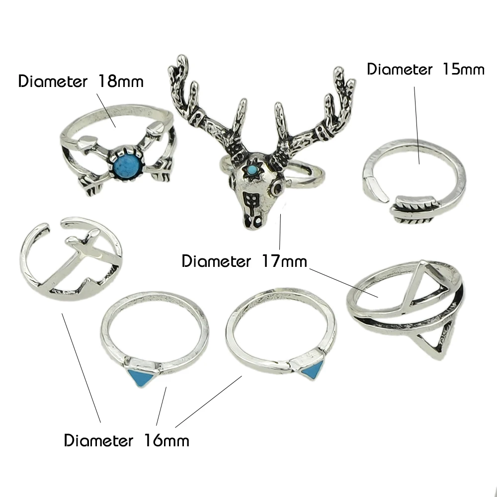 7pcs/set Gothic Style Rings Set Antique Silver Color Jewelry Bijoux Blue Stone Deer Triangle Geometric Midi Ring Anel | Украшения и