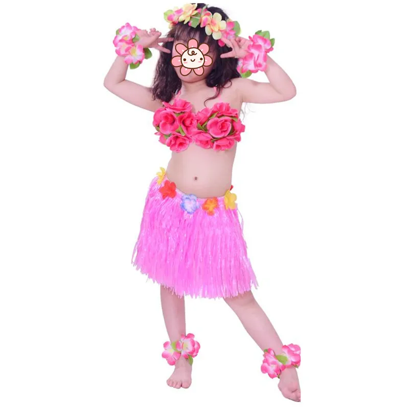 7pcs set pink Hawaii Flower Lei, повязка на голову, ожерелье с гирляндой хула, повязка на ногу, юбка с травой, бюстгальтер, детский летний праздничный костюм для девочек - Цвет: 7pcs set pink