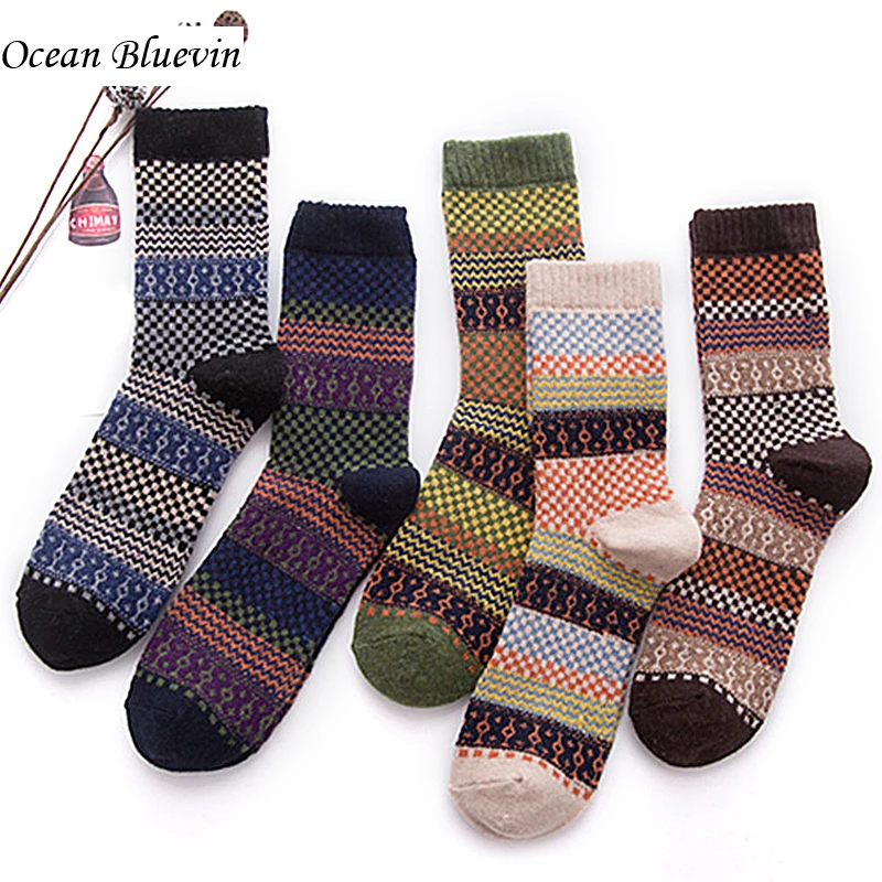 

Ocean Bluevin New Mens Socks Autumn Winter Retro Geometric Patterns Thickening Warm Knitted Rabbit Wool Material High-grade Sock