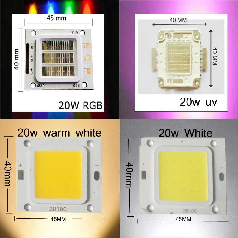 20 Вт светодиодный чип высокой мощности УФ/RGB Лампочка COB Холодный/теплый белый