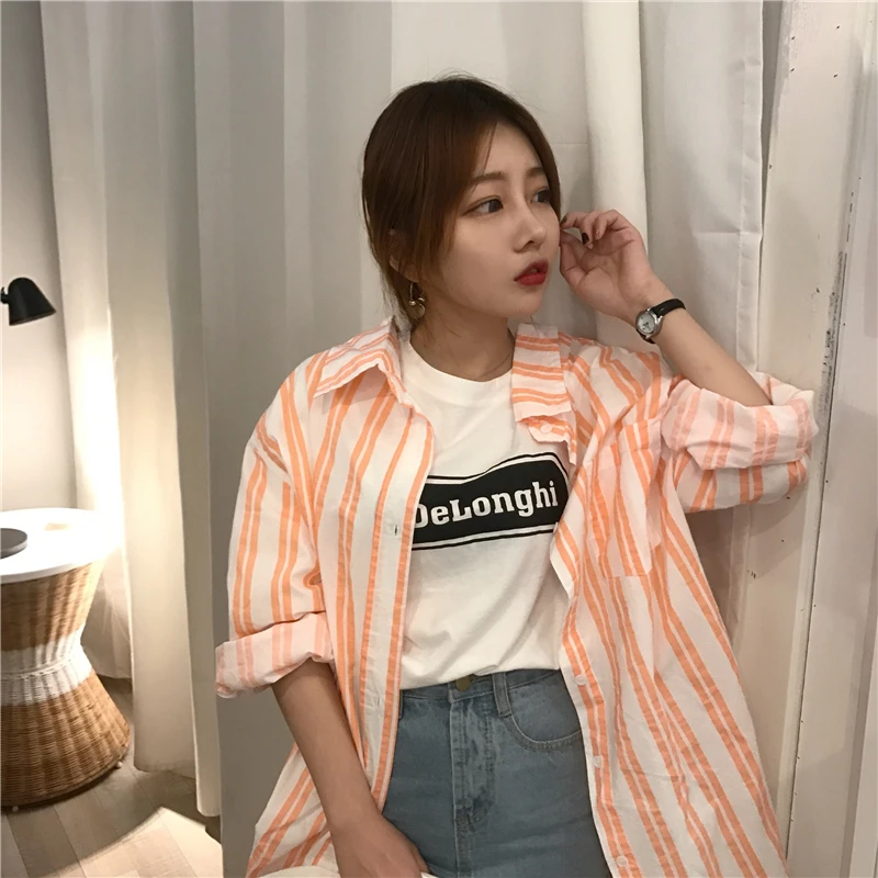 Fresh Orange Striped Long Sleeve Shirt Women Tops Kawaii Summer Blouse Boyfriend Chemise Femme Camicia Donna Blusa Mujer Camisa |